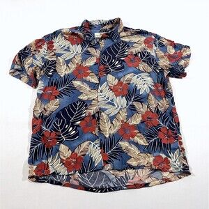 Island Shores Hawaiian Button Shirt Short Sleeve Blue Red Floral Men's Sz XL
